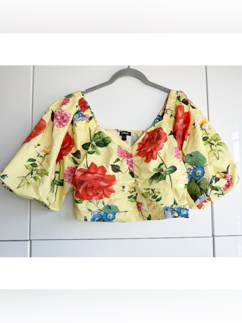 🌼 Express Yellow Floral Puff Sleeve Crop Top Size S – Cottagecore Spring Summer
